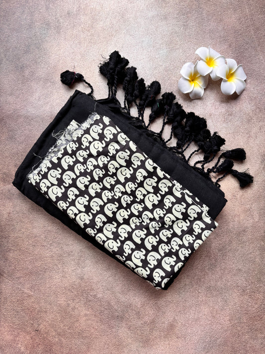 Plain Black Kadhi Cotton Saree with Attached Blouse Featuring Elephant Motif | The Laya Looms