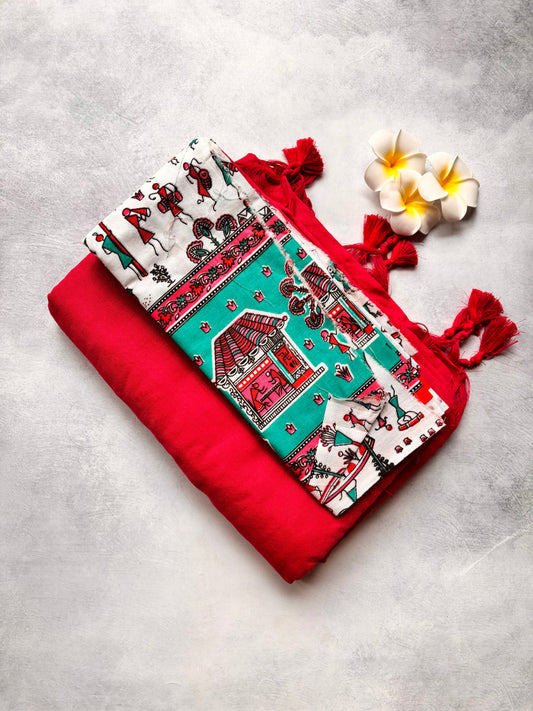Plain Rani Pink Kadhi Cotton Saree with Matching Blouse & Pink Tassels | The Laya Looms