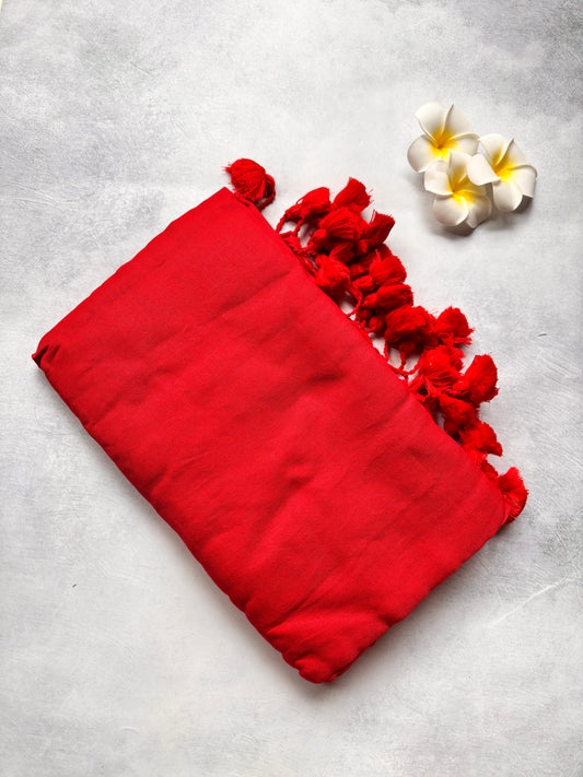 Plain Red Kadhi Cotton Saree with Red Tassels | The Laya Looms