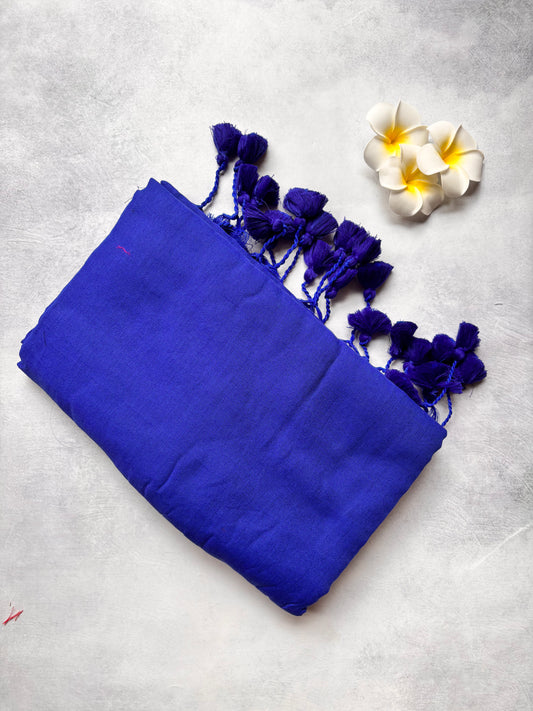 Plain Kadhi Cotton Saree in Royal Blue with Navy Blue Tassels