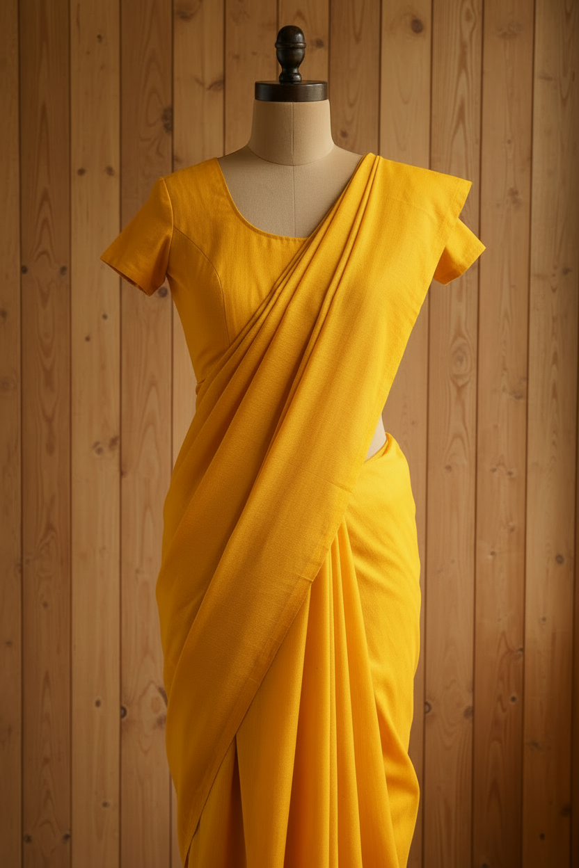 Plain mango Yellow Kadhi Cotton Saree with Yellow Tassels | The Laya Looms |  TLL074