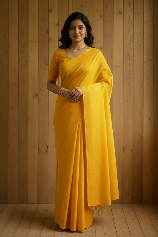 Plain mango Yellow Kadhi Cotton Saree with Yellow Tassels | The Laya Looms |  TLL074
