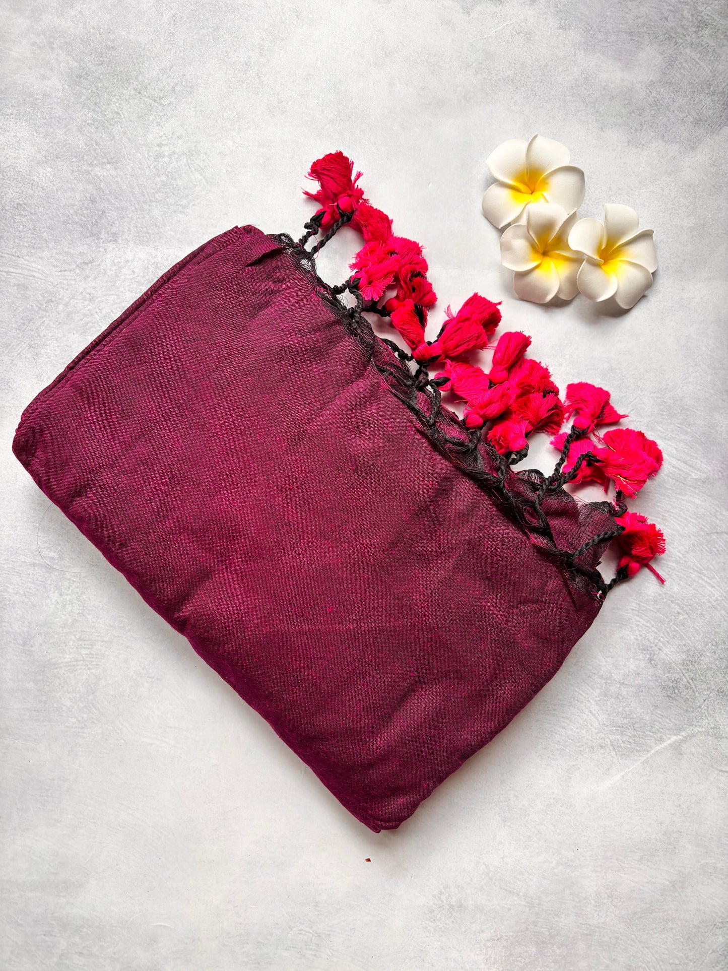 Plain Maroon Kadhi Cotton Saree with Pink Tassels | The Laya Looms