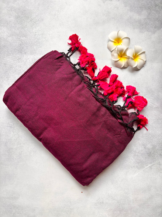 Plain Maroon Kadhi Cotton Saree with Pink Tassels | The Laya Looms
