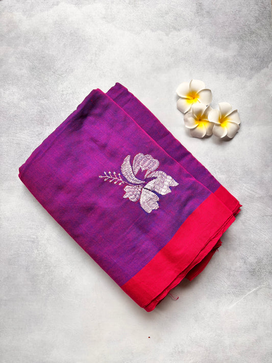 Kadhi Cotton Saree in Purple with White Embroidery Hibiscus & Pink Border | The Laya Looms