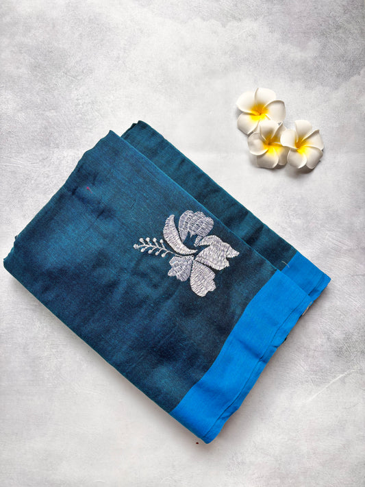 Teal Blue Kadhi Cotton Saree with White Embroidery & Blue Border | The Laya Looms