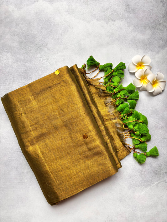Raga Tissue Kadhi Cotton Saree with Green Tassels & Golden Mirror Work | The Laya Looms