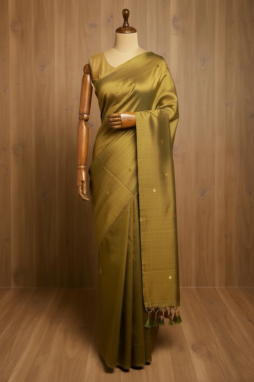 Raga Tissue Kadhi Cotton Saree with Green Tassels & Golden Mirror Work | The Laya Looms | TLL079