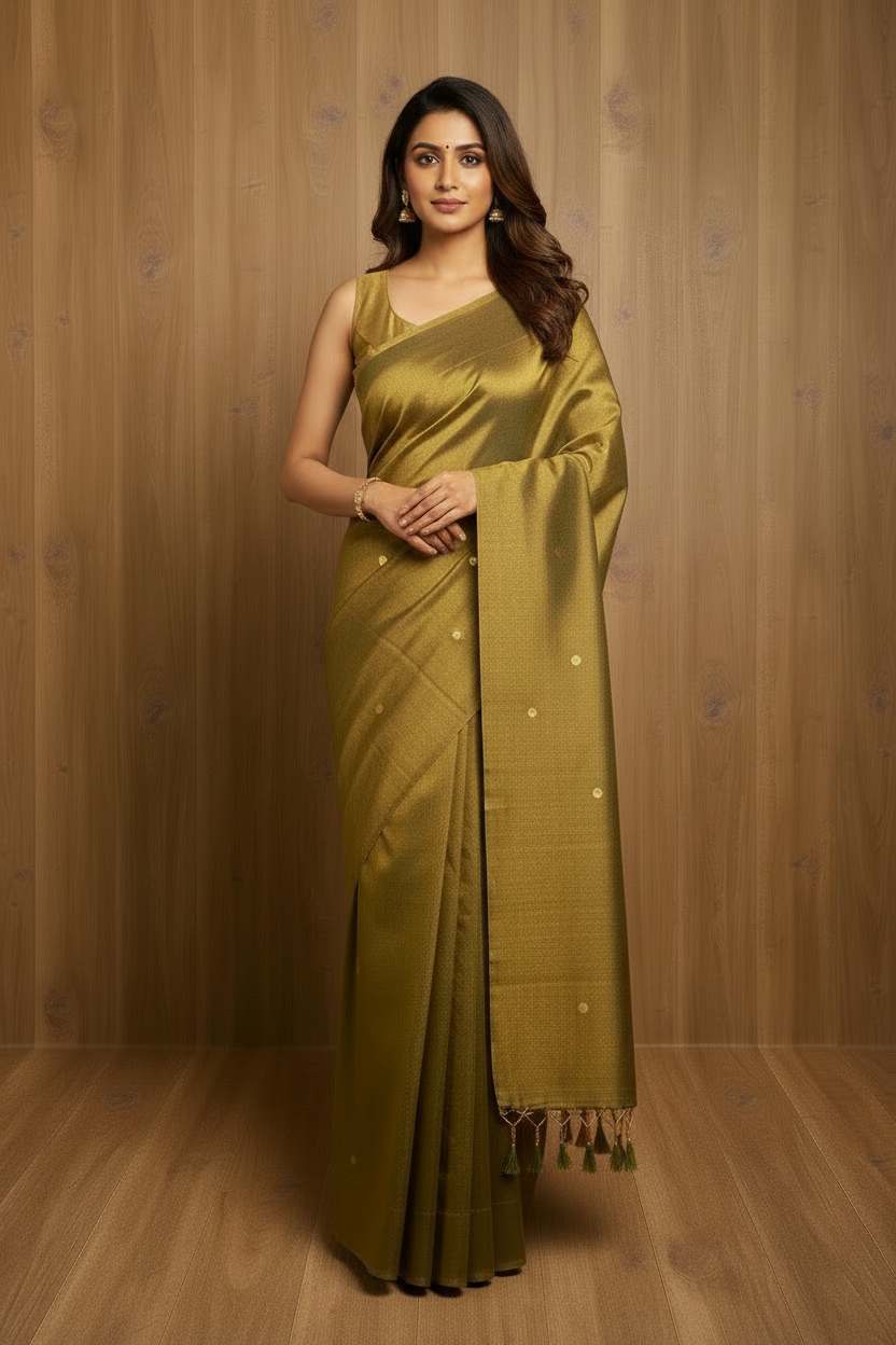 Raga Tissue Kadhi Cotton Saree with Green Tassels & Golden Mirror Work | The Laya Looms | TLL079