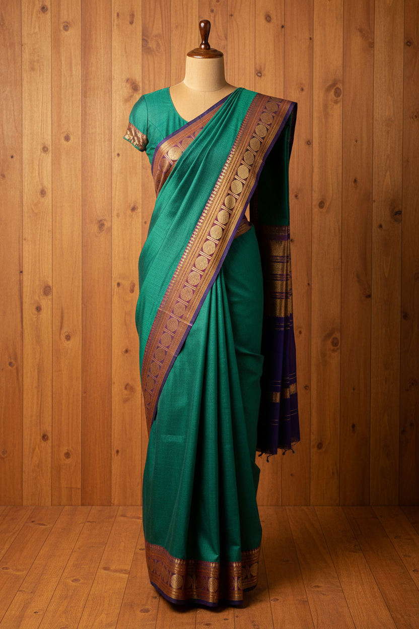 Rama Green Chettinad Cotton Saree with Blue Border & Maroon Rudraksham | Mango Printed Cotton Blouse | The Laya Looms | TLL083