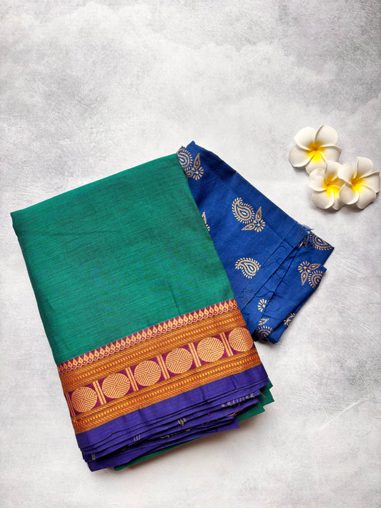 Rama Green Chettinad Cotton Saree with Blue Border & Maroon Rudraksham | Mango Printed Cotton Blouse | The Laya Looms