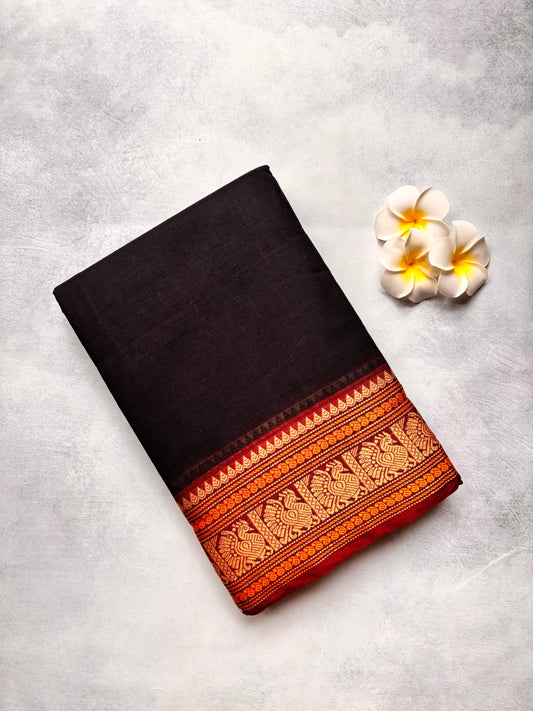 Black Kanchi Cotton Saree with Traditional Annam Border & Attached Blouse | The Laya Looms