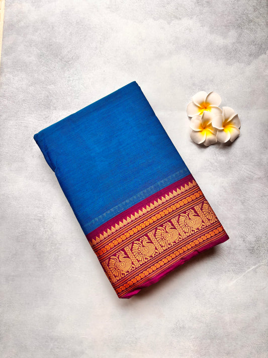 Plain Violet Kanchi Cotton Saree with Maroon Annam Border | The Laya Looms