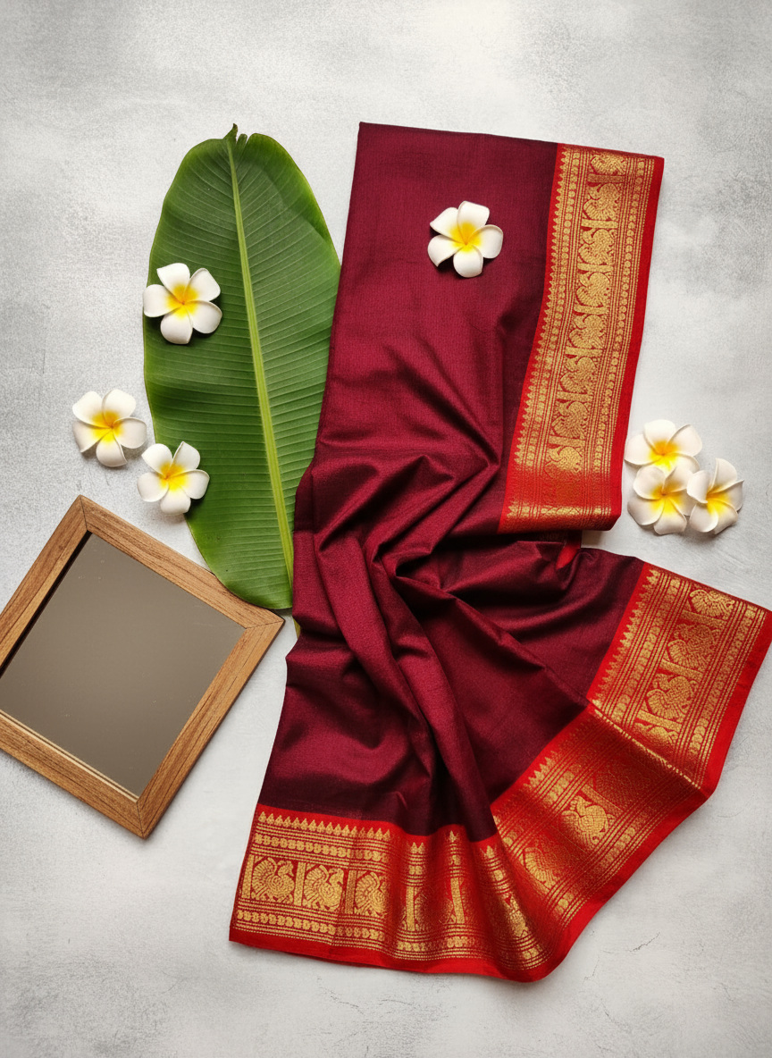 Maroon Kanchi Cotton Saree with Orange Annam Border  | The Laya Looms