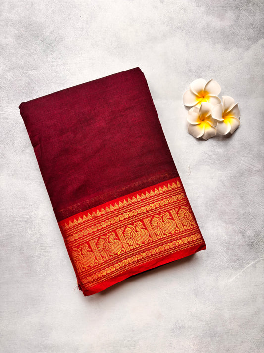Maroon Kanchi Cotton Saree with Orange Annam Border  | The Laya Looms