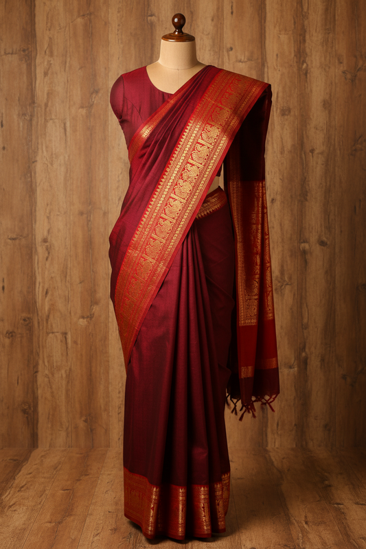Maroon Kanchi Cotton Saree with pink Annam Border  | The Laya Looms | TLL082