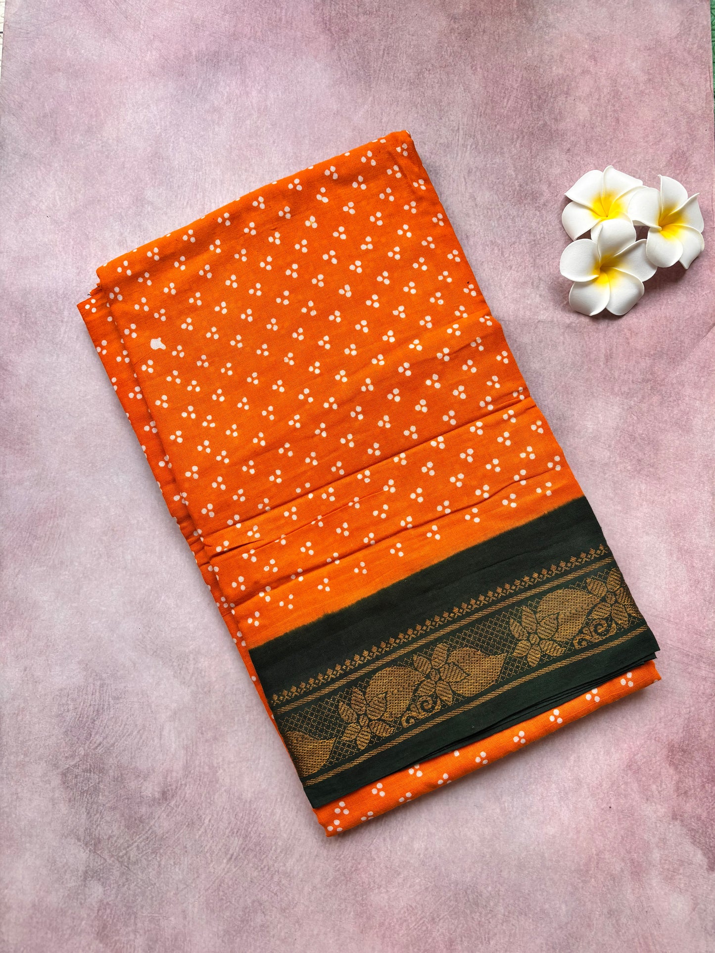 Authentic Soft Sungudi Cotton Saree – 3 Pulli (Orange Body with Green Border)
