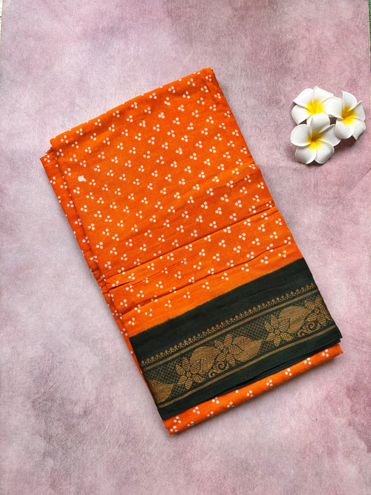 Authentic Soft Sungudi Cotton Saree – 3 Pulli (Orange Body with Green Border)