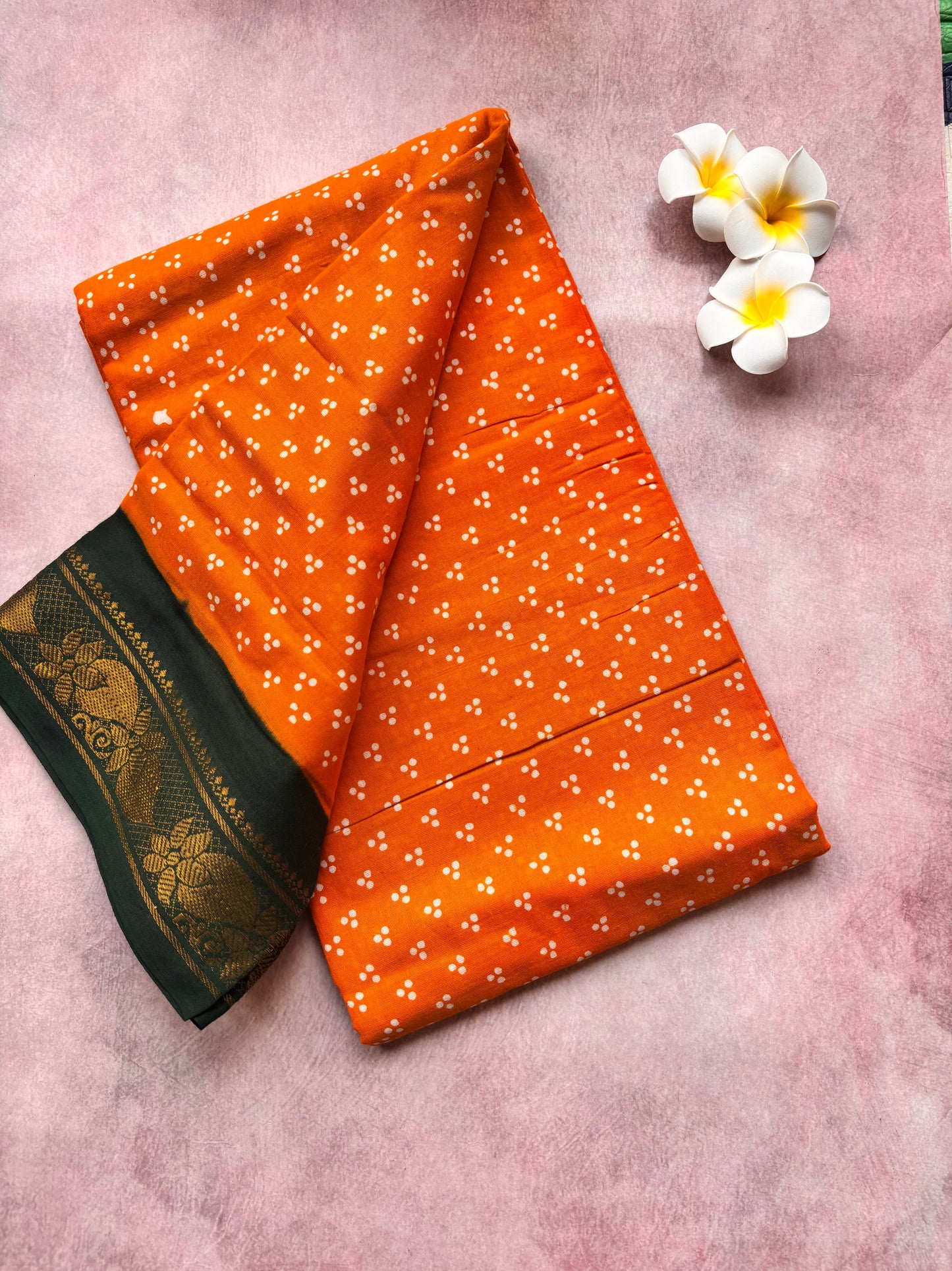 Authentic Soft Sungudi Cotton Saree – 3 Pulli (Orange Body with Green Border)