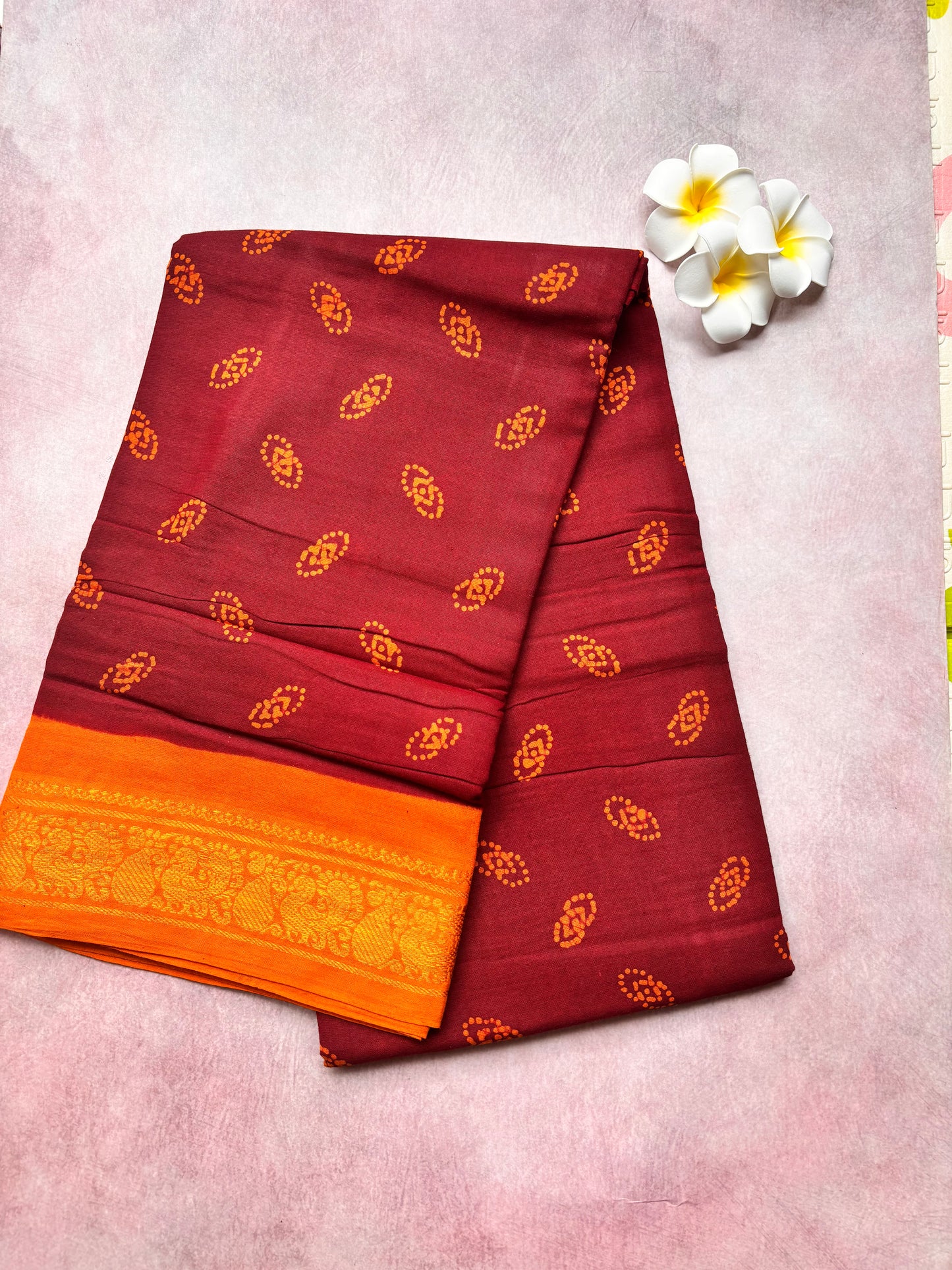 Authentic Soft Sungudi Cotton Saree – Maroon with Contrast Orange Blouse