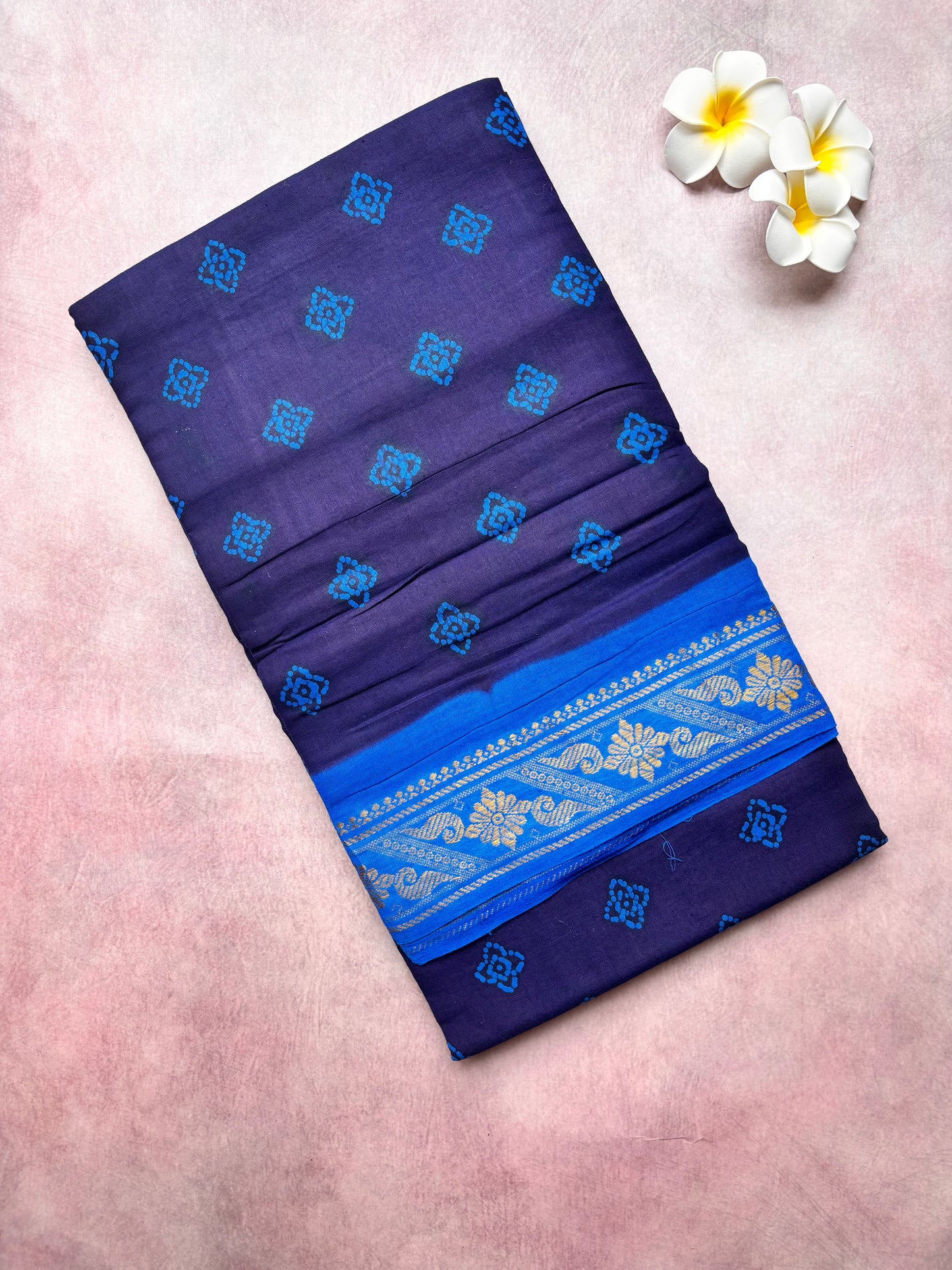 Authentic Soft Sungudi Cotton Saree – Navy Blue with Blue Floral Motifs & Blue Border