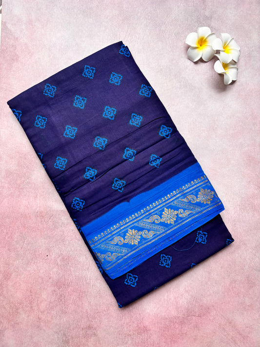 Authentic Soft Sungudi Cotton Saree – Navy Blue with Blue Floral Motifs & Blue Border