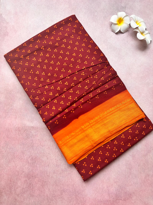Authentic Soft Sungudi Cotton Saree – Maroon with 3 Pulli Design & Orange Border