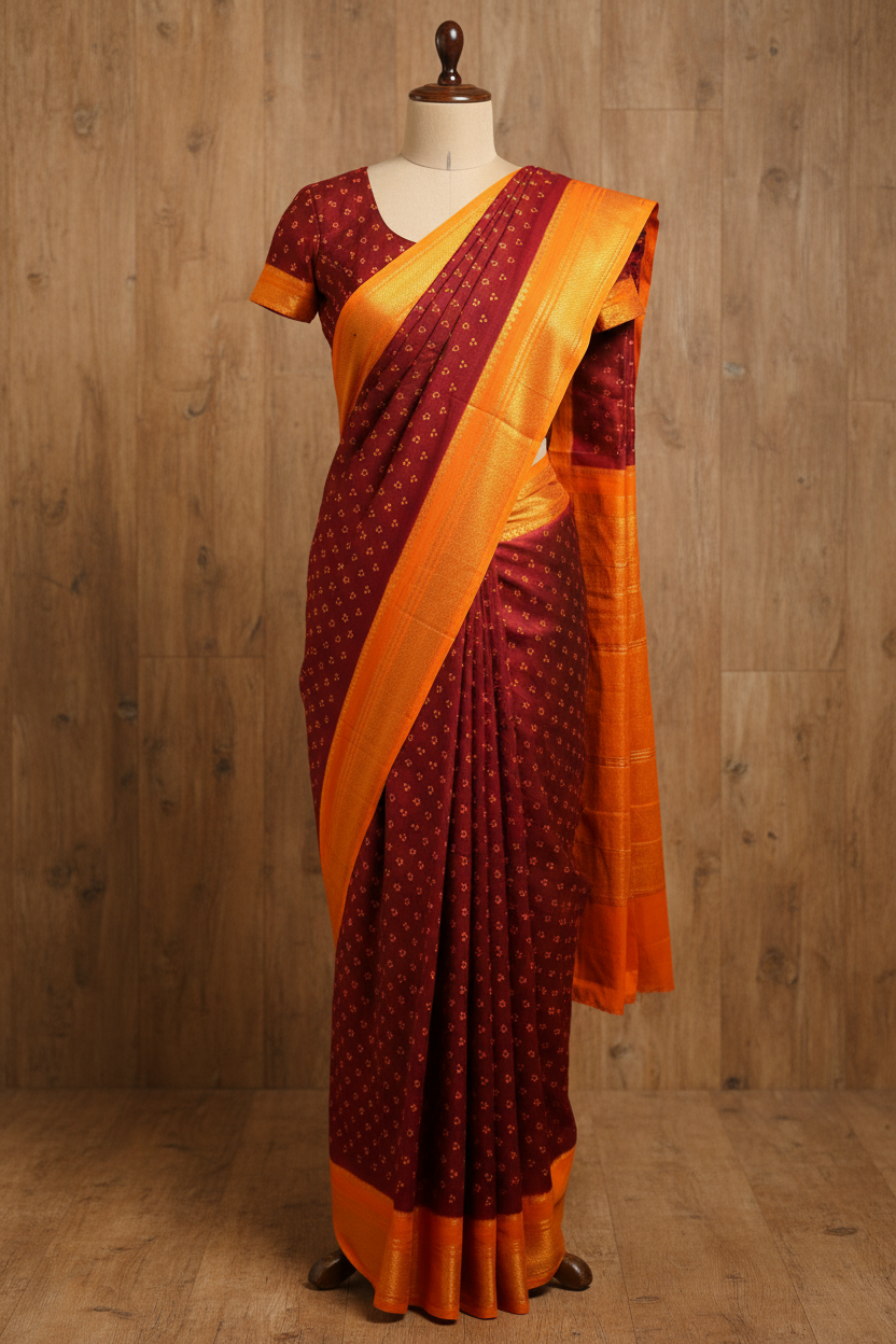 Authentic Soft Sungudi Cotton Saree – Maroon with 3 Pulli Design & Orange Border | TLL096