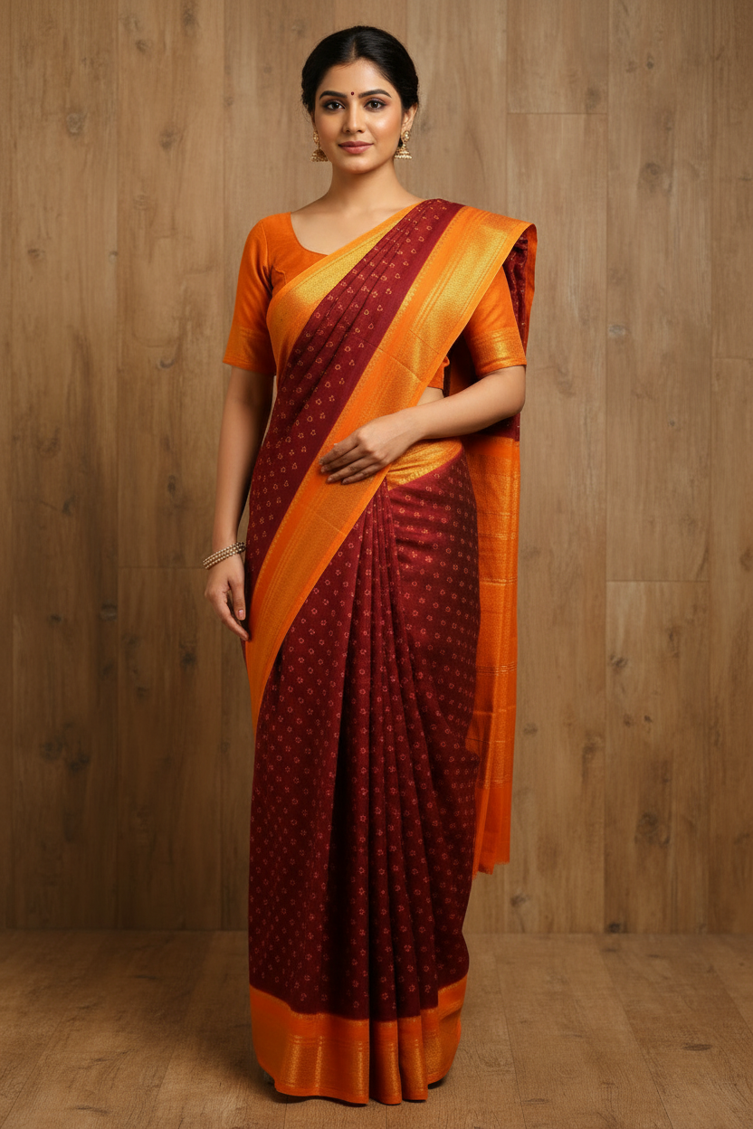 Authentic Soft Sungudi Cotton Saree – Maroon with 3 Pulli Design & Orange Border | TLL096