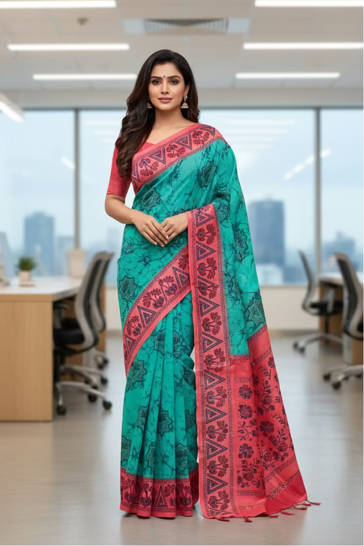 Handcrafted Madurai Sungudi Saree in Seafoam Teal – Elegant Formal Workwear with Attached Blouse
