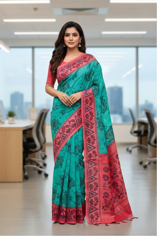 Handcrafted Madurai Sungudi Saree in Seafoam Teal – Elegant Formal Workwear with Attached Blouse