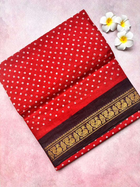 Authentic Soft Sungudi Cotton Saree – Red with White Pulli & Black Border