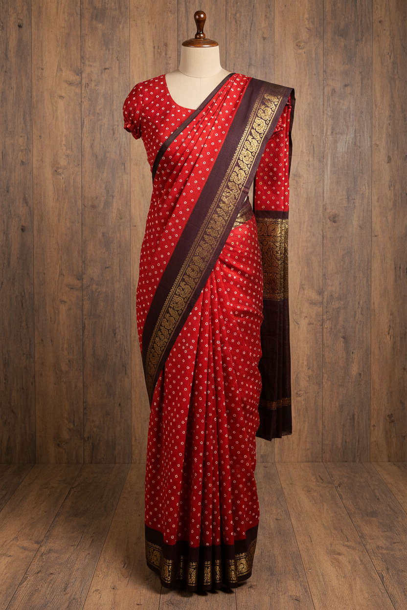Authentic Soft Sungudi Cotton Saree – Red with White Pulli & Black Border |  TLL097