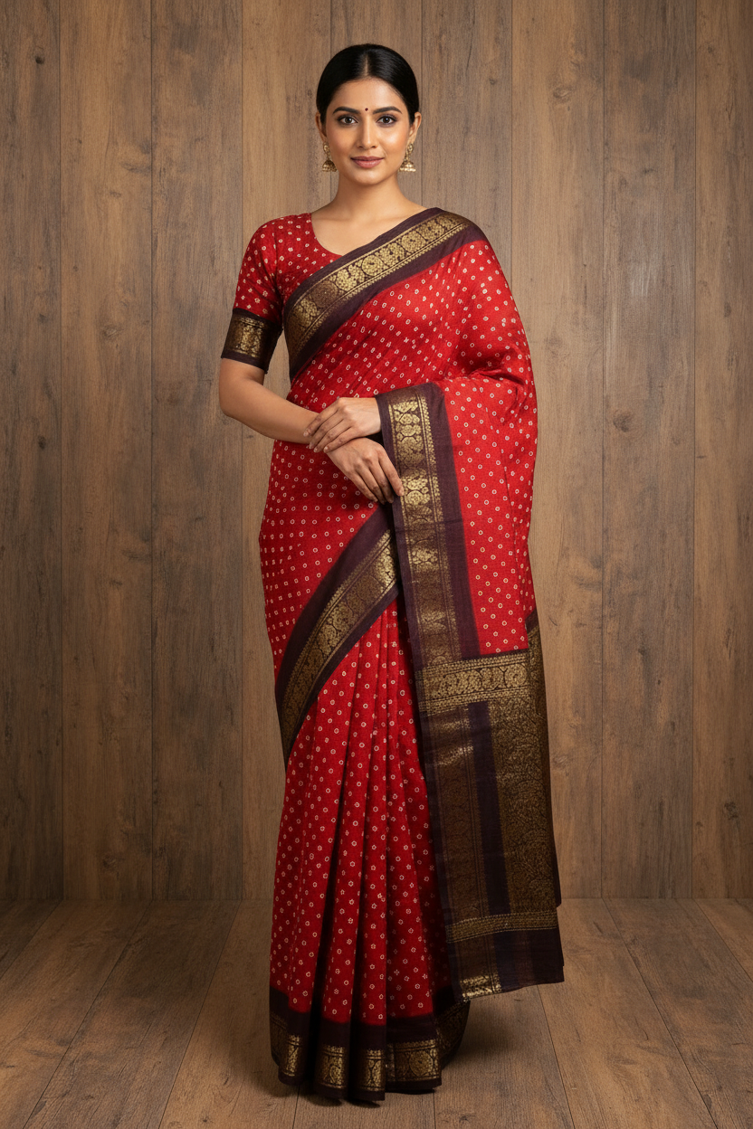 Authentic Soft Sungudi Cotton Saree – Red with White Pulli & Black Border |  TLL097
