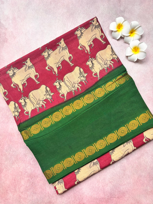 Soft Madurai Sungudi Cotton Saree – Pichwai Pattern with Rettapet Border & Green Dollar Design Border