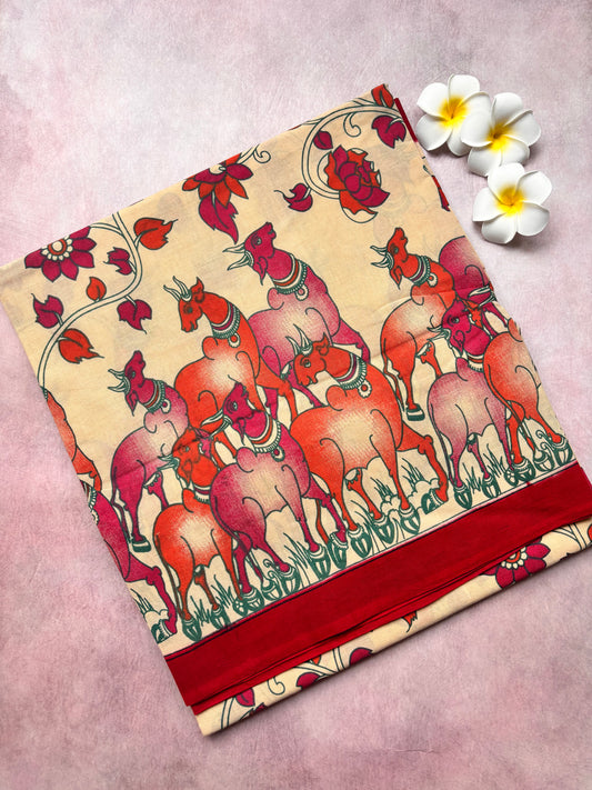 Soft Madurai Sungudi Cotton Saree – Red with Pichwai Print & Borderless Design