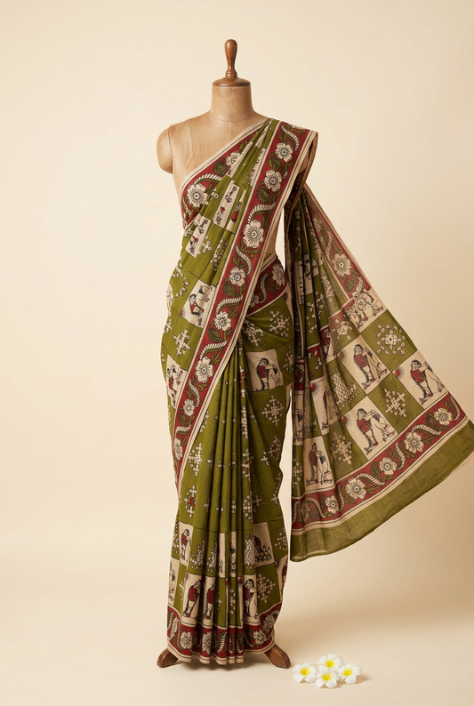 An olive green Kalamkari cotton saree with traditional red and beige border prints, displayed on a wooden mannequin against a warm beige background.