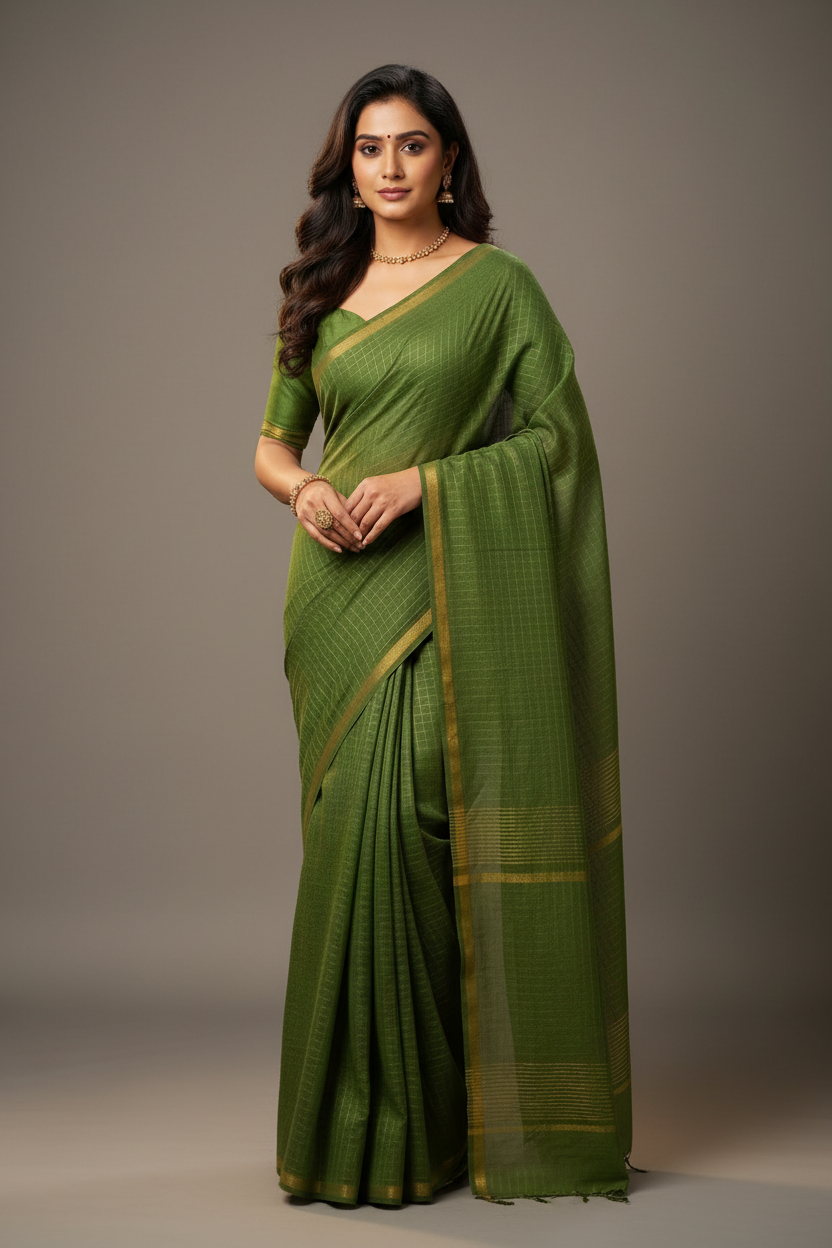 Golden Checked Green Sungudi Saree Simple Border | TLL206