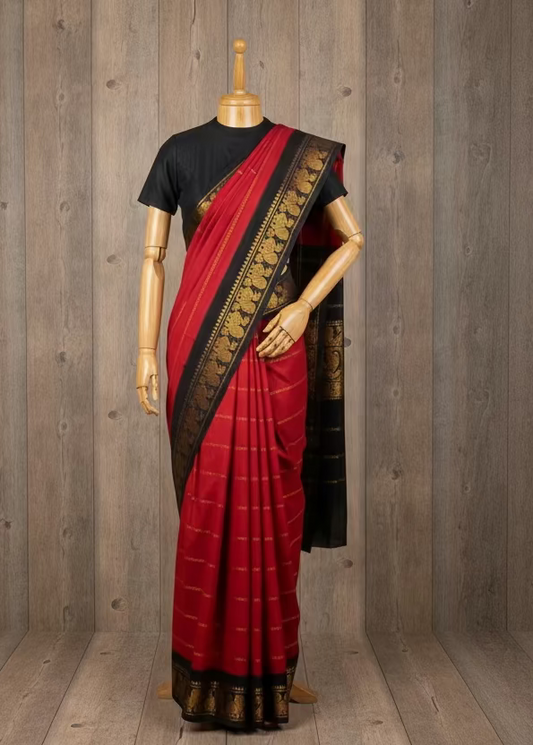 Two folded sarees, one red and one black with gold patterns, on a gray surface with white flowers.