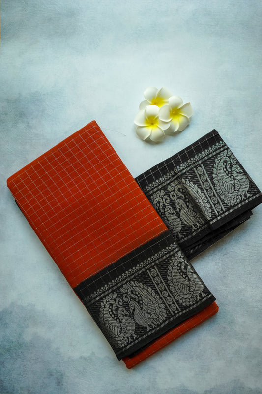 Silver zari Saree with Brown and Black Border Sungudi saree