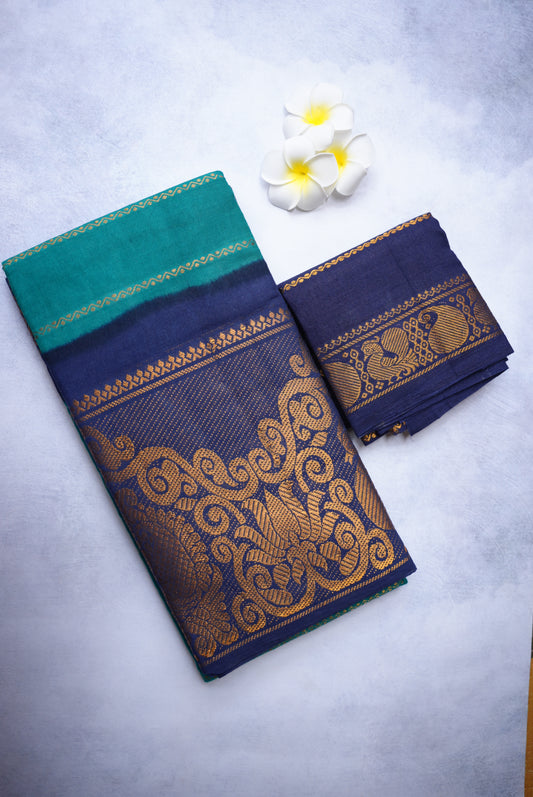Sungudi Velthari Long Border Rama Green Saree with Blue Border and Blouse
