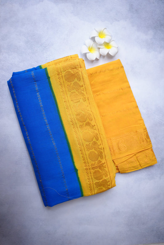 Sungudi Velthari Small Border Ink Blue Saree with Lemon Yellow Border