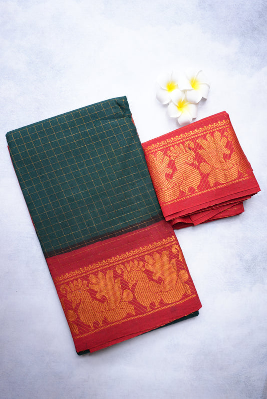 Sungudi Golden Zari Checked Bottle Green Saree with Red Border