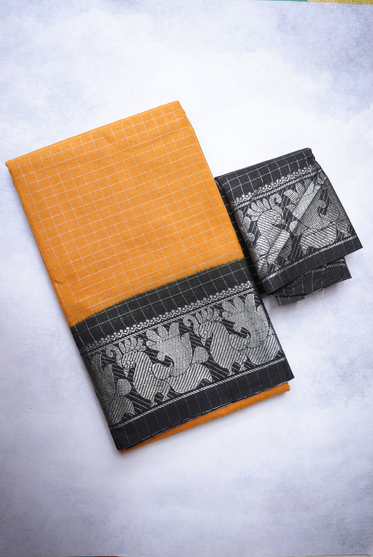 Sungudi Silver Zari Checked Mustard Yellow Saree with Black Border