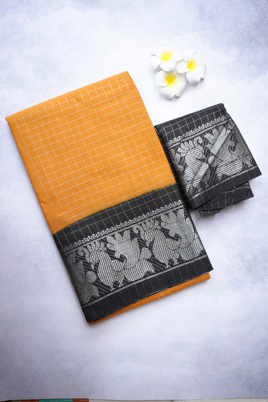 Sungudi Silver Zari Checked Mustard Yellow Saree with Black Border
