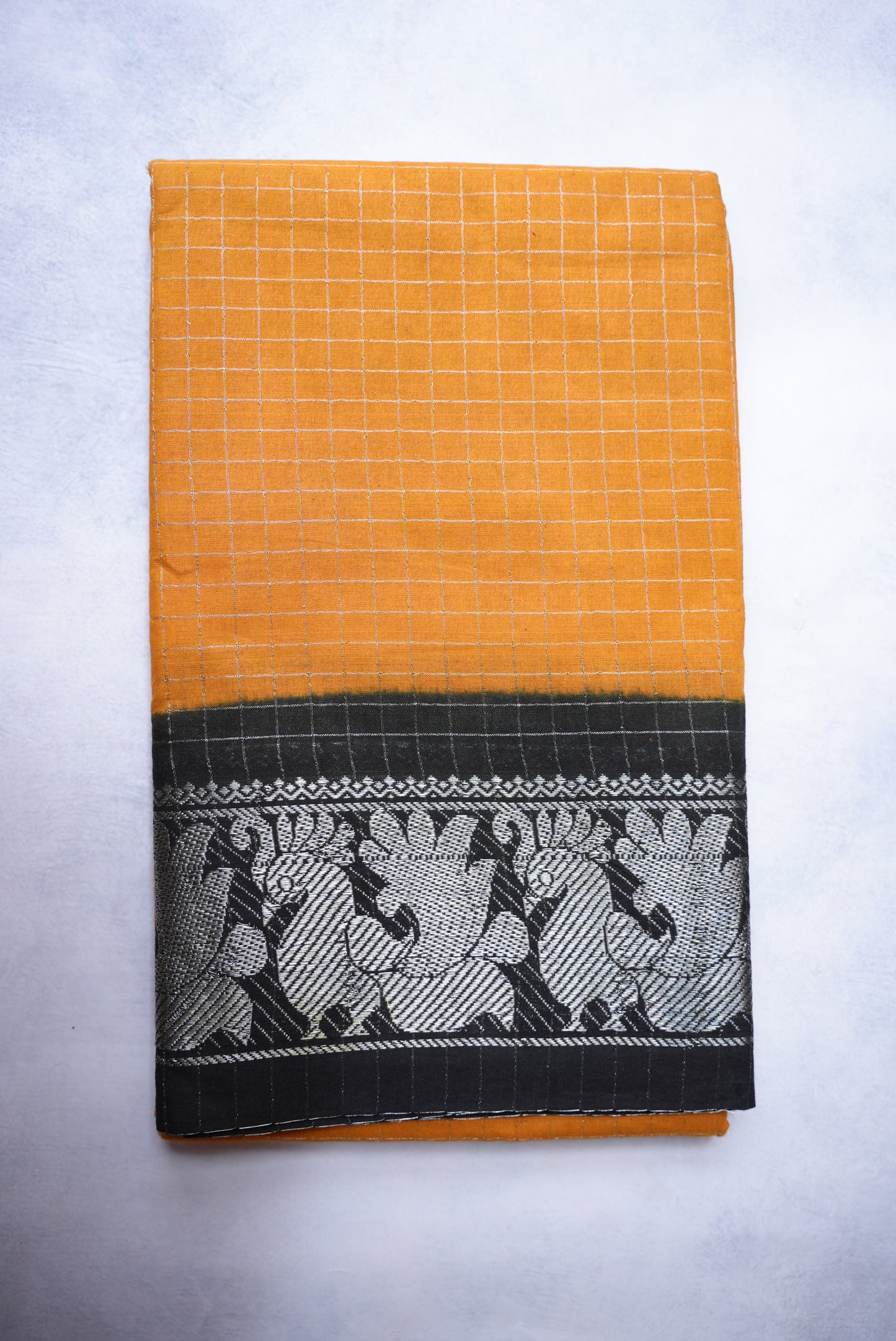Sungudi Silver Zari Checked Mustard Yellow Saree with Black Border