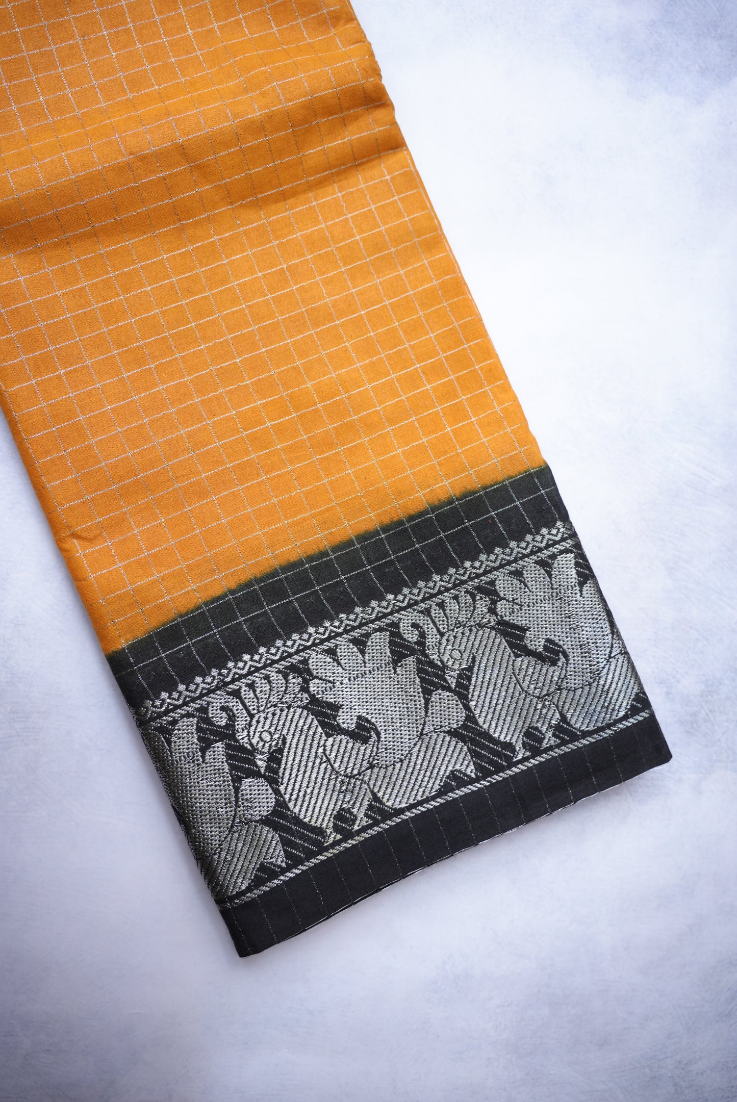 Sungudi Silver Zari Checked Mustard Yellow Saree with Black Border