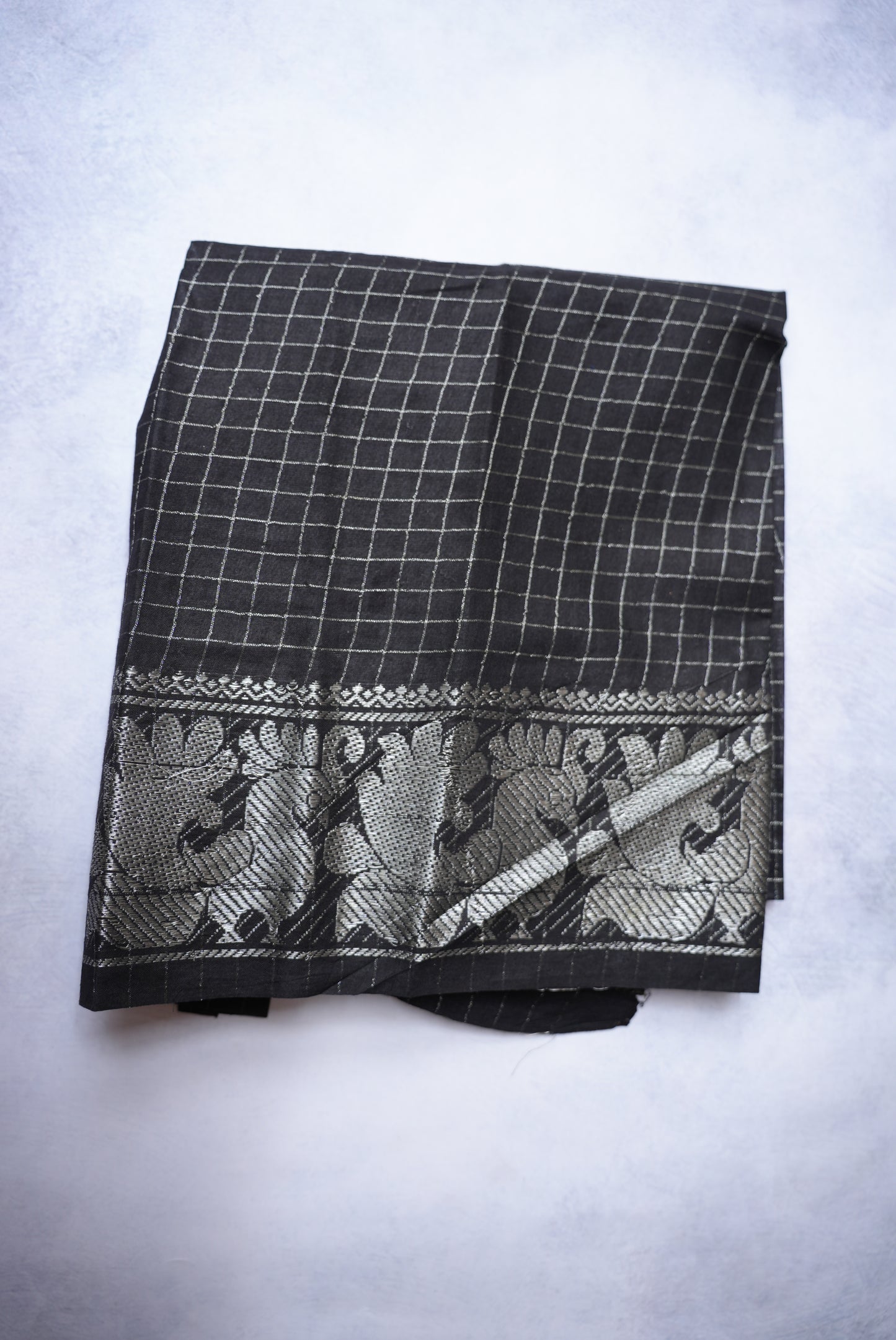 Sungudi Silver Zari Checked Mustard Yellow Saree with Black Border