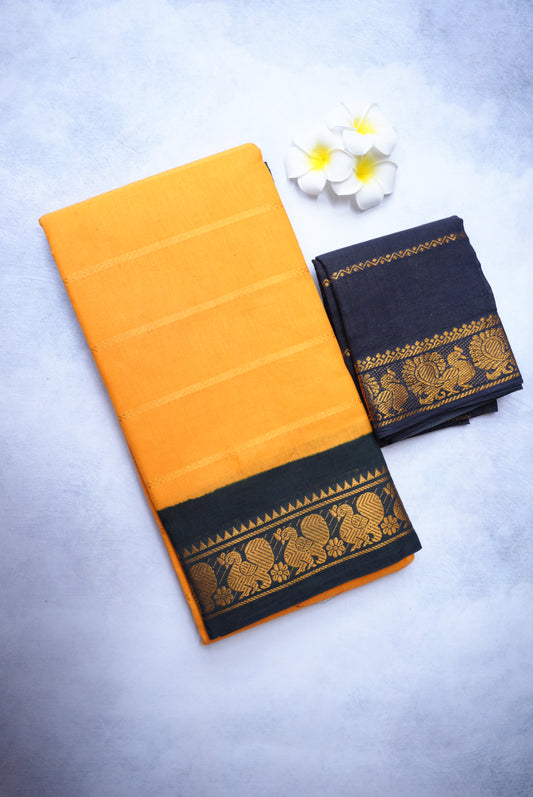 Sungudi Cotton Saree – Mango Yellow with Black Velthari Border