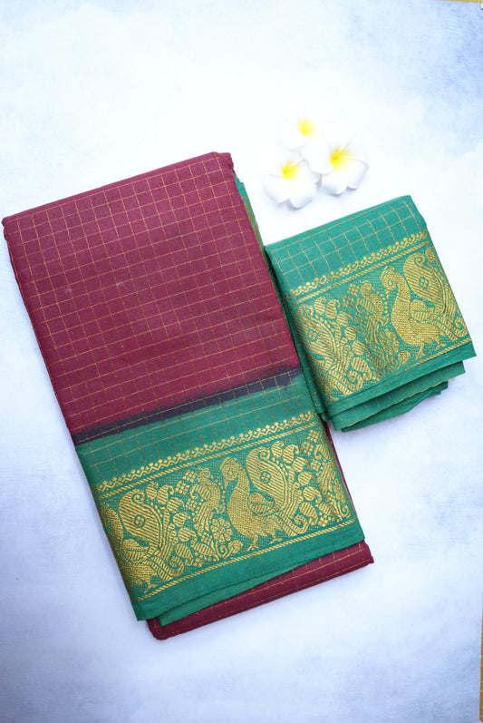 Sungudi Golden Zari Checked Maroon Saree with Green Border